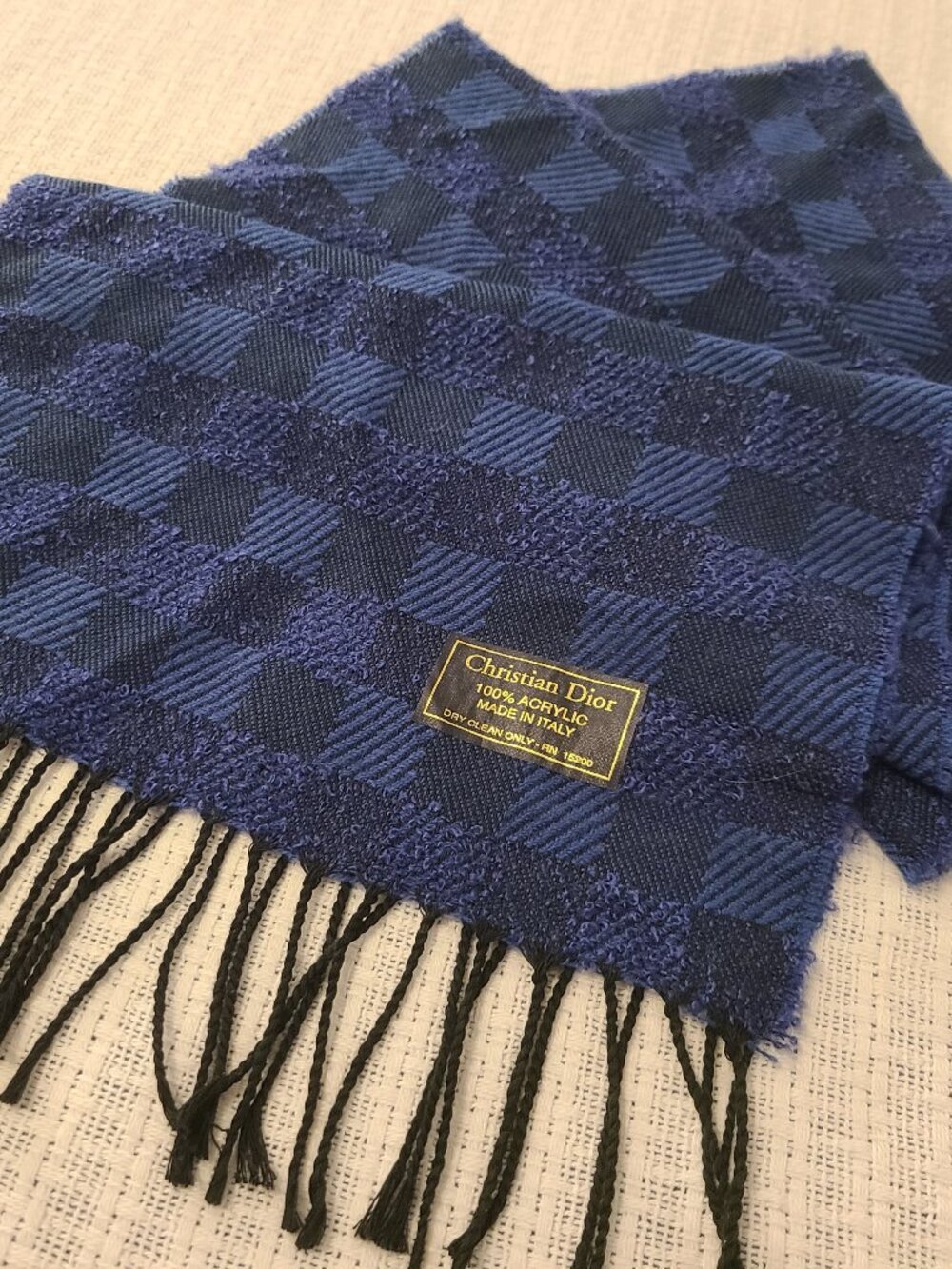 Vtg Dior Acrylic Blue Checkered Scarf Multitextured Italy